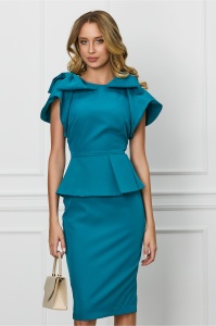 Rochie MBG albastru petrol cu funde pe umeri si peplum in talie