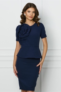 Rochie MBG bleumarin cu peplum in talie si floale pe bust