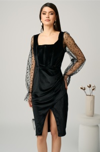 Rochie MBG eleganta din catifea neagra cu maneci din tull cu buline