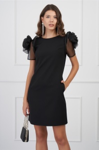 Rochie MBG neagra cu maneci din organza si flori maxi