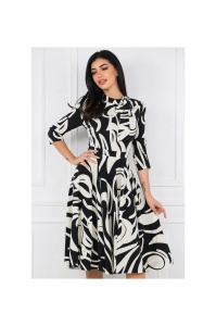 Rochie MBG office din stofa neagra cu imprimeuri albe si buzunare functionale