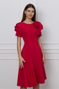 Rochie MBG rosu zmeura cu umeri bufanti si aplicatie florala 3D