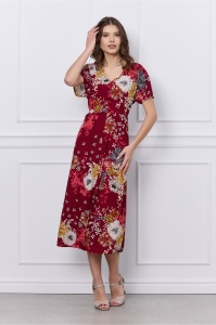 Rochie Mona bordo cu imprimeuri florale caramizii