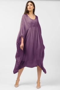 Rochie mov inchis in colturi, lunga, ampla, din matase naturala, cu detaliu sub bust