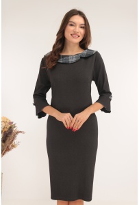 Rochie office antracit cu guler din stofa in carouri albastre