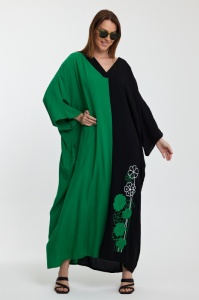 Rochie oversize verde-negru cu broderie, din vascoza