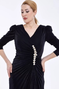 Rochie plisata eleganta de dama midi cu maneca lunga neagra - Img 3