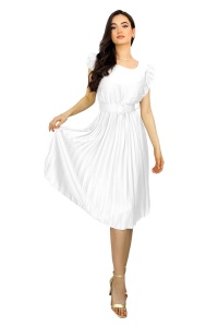 Rochie plisata midi, Elenor, cu volanase si curea asortata, Alb, Marime universala S/M - Img 6