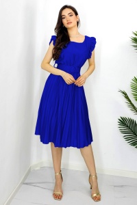Rochie plisata midi, Elenor, cu volanase si curea asortata, Albastru indigo, Marime universala S/M - Img 4