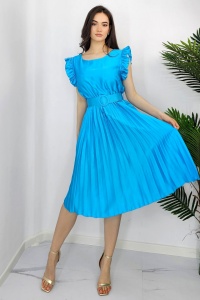 Rochie plisata midi, Elenor, cu volanase si curea asortata, Albastru, Marime universala S/M - Img 5