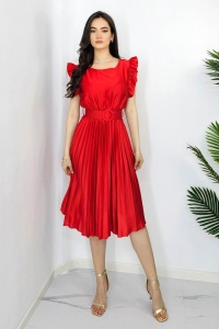 Rochie plisata midi, Elenor, cu volanase si curea asortata, Rosu, Marime universala S/M - Img 5