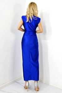 Rochie satinata Ilaria, croiala conica si decolteu adanc, Albastru royal, Marime S/M - Img 5