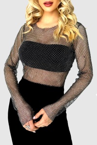 Rochie scurta Ines, bodycon, cu aspect transparent si insertii din cristale, Negru, Marime universala S/M - Img 2