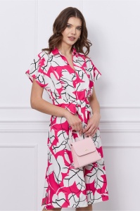 Rochie Sonia alba cu imprimeuri fucsia si curea in talie