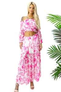 Compleu Bernolda, fusta vaporoasa si camasa cu umerii goi, Pink Monday, Masura S/M/L - Img 1