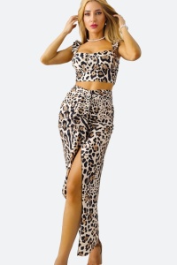Compleu Summer Party, top cu volane si fusta animal print leopard, Bej, Marime S/M - Img 5