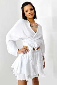 Compleu Wichita, camasa, legare sub bust si fusta pantaloni croi scurt, Alb, Marime S/M/L - Img 5