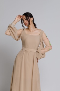 ELINDA dress in beige veil with embroidered tulle sleeve - Img 5