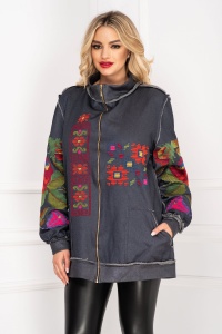 Jacheta casual gri din bumbac cu broderie florala