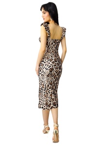 Rochie bodycon Ditsy, slit adanc si imprimeu animal print leopard, Bej, Marime S/M - Img 7