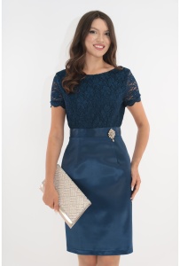 Rochie de ocazie din dantela si satin bleumarin