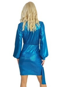 Rochie de ocazie Glena, cu aspect metalic si detaliu asimetric, Albastru, Marime S/M - Img 7