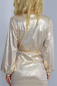 Rochie de ocazie Glena, cu aspect metalic si detaliu asimetric, Crem, Marime S/M - Img 3