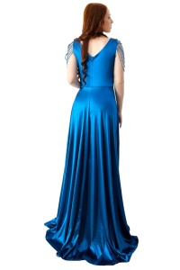 Rochie de ocazie Leontina, cu textura satinata si cristale artizanale, Albastru marin - Img 7