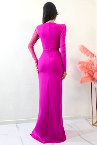 Rochie de ocazie Patricia, cu maneca lunga si detalii din tull, Fucsia - Img 2
