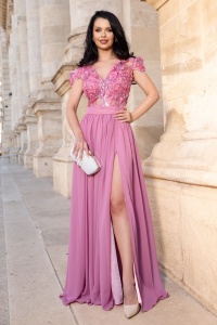 Rochie de seara eleganta roz Larissa din voal cu flori 3D