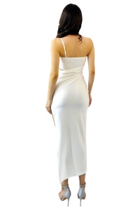 Rochie de seara LAWA, cu insertii din cristale si crapatura ampla, Alb, Marime S/M - Img 7