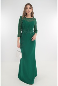 Rochie de seara verde-smarald cu strasuri si broderie