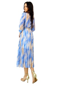 Rochie de zi Fatima, croiala plisata si imprimeu pastelat, Albastru, Marime S/M - Img 7
