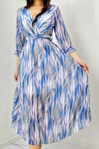 Rochie de zi Fatima, croiala plisata si imprimeu pastelat, Bleumarin, Marime S/M - Img 3