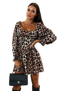 Rochie de zi Feline, cu animal print si maneca lunga bufanta, Leopard - Img 7