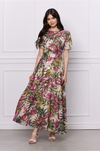 Rochie DY Fashion bej cu imprimeuri florale mov si fir lurex