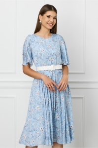 Rochie Dy Fashion bleu cu imprimeu floral alb si curea in talie
