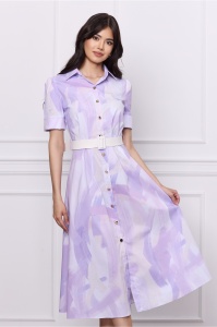 Rochie DY Fashion lila cu imprimeu bej si curea in talie