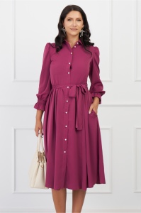 Rochie Dy Fashion magenta cu nasturi si cordon in talie