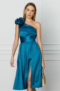 Rochie DY Fashion turcoaz cu floare maxi pe un umar