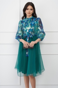 Rochie DY Fashion turcoaz cu fusta din organza si imprimeu la bust