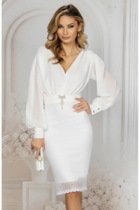 Rochie eleganta alba conica din dantela pretioasa si voal fin