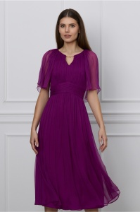 Rochie Leonard Collection magenta din matase naturala cu maneci scurte cu decupaj