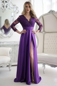Rochie lunga eleganta din tafta mov cu broderie