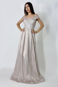 Rochie lunga Elize, cu pliuri definite si decolteu cu mansete pe umeri, Roze, Marime: OneSize S/M - Img 1