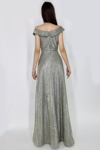 Rochie lunga Elize, cu pliuri definite si decolteu cu mansete pe umeri, Auriu olive, Marime: OneSize S/M - Img 3