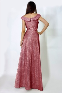 Rochie lunga Elize, cu pliuri definite si decolteu cu mansete pe umeri, Rosu, Marime universala S/M - Img 5