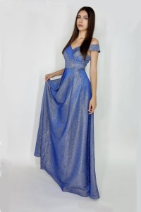 Rochie lunga Elize, cu pliuri definite si decolteu cu mansete pe umeri, Albastru, Marime: OneSize S/M - Img 3