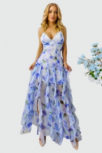 Rochie lunga Nathalea, din șifon, cu falduri si volane, Albastru baby blue, Marime S/M - Img 1