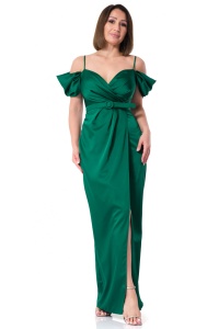 Rochie maxi Serena fara maneci din satin verde crapata pe picior - Img 1